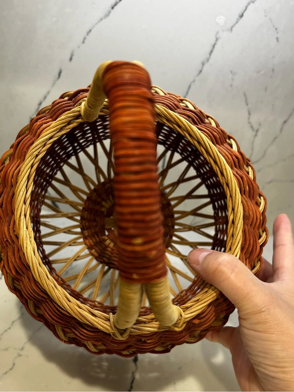 Vintage Brick Red and Blonde Woven Basket with Handle